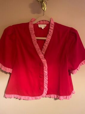 Red and Pink Ruffle Trim Button Front Blouse